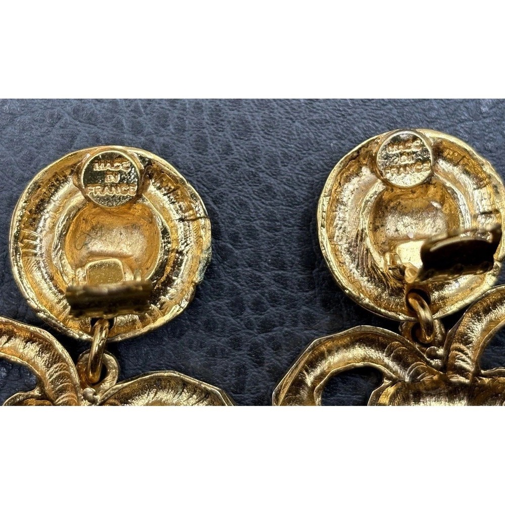Vintage Made In France 80s Hammered Massive Heart Dangle Clip Earrings Runway - Picture 7 of 16